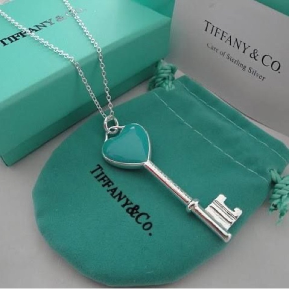 Tiffany & Co. Silver Necklace with Teal Heart Key Pendant NIB